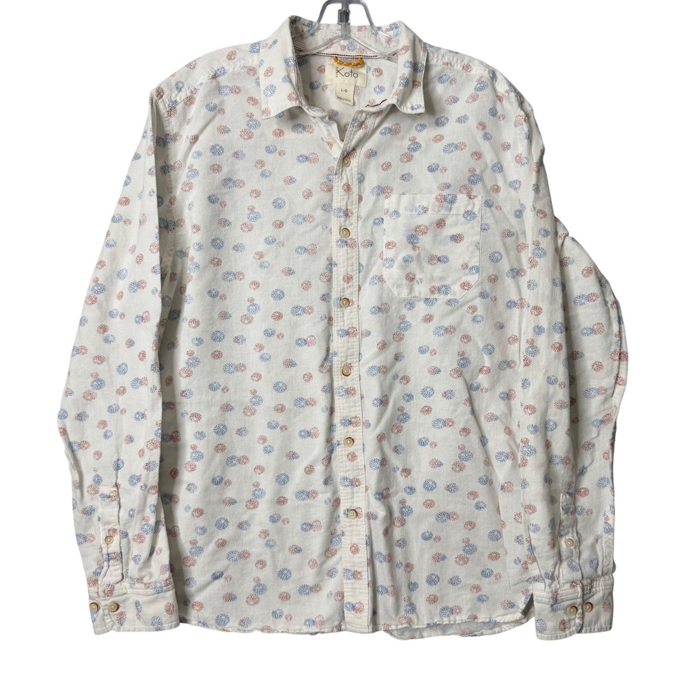 Koto Mens L Blue Red Print Button Front Shirt Cotton Linen Preppy Boho‎